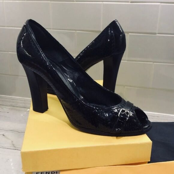 Y2K Fendi Designer Patent Leather Peep Toe Pump Sz 10 - Picture 6 of 14